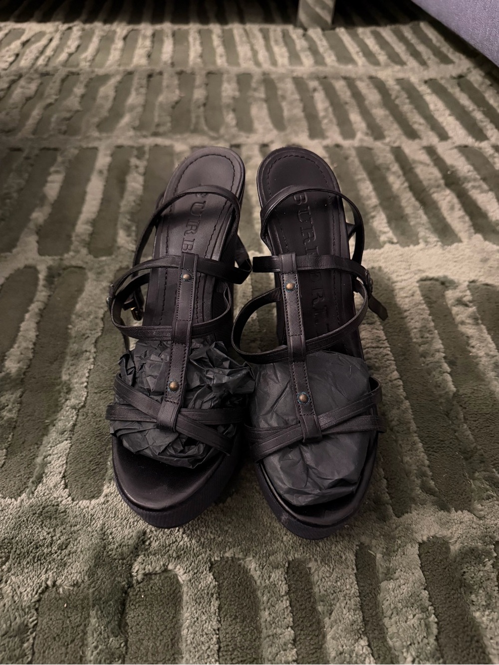 Burberry Black Leather Strappy Wedge Sandals